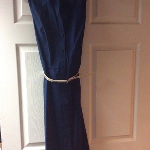 Blue Cotton Sleeveless Belted Shirt Dress